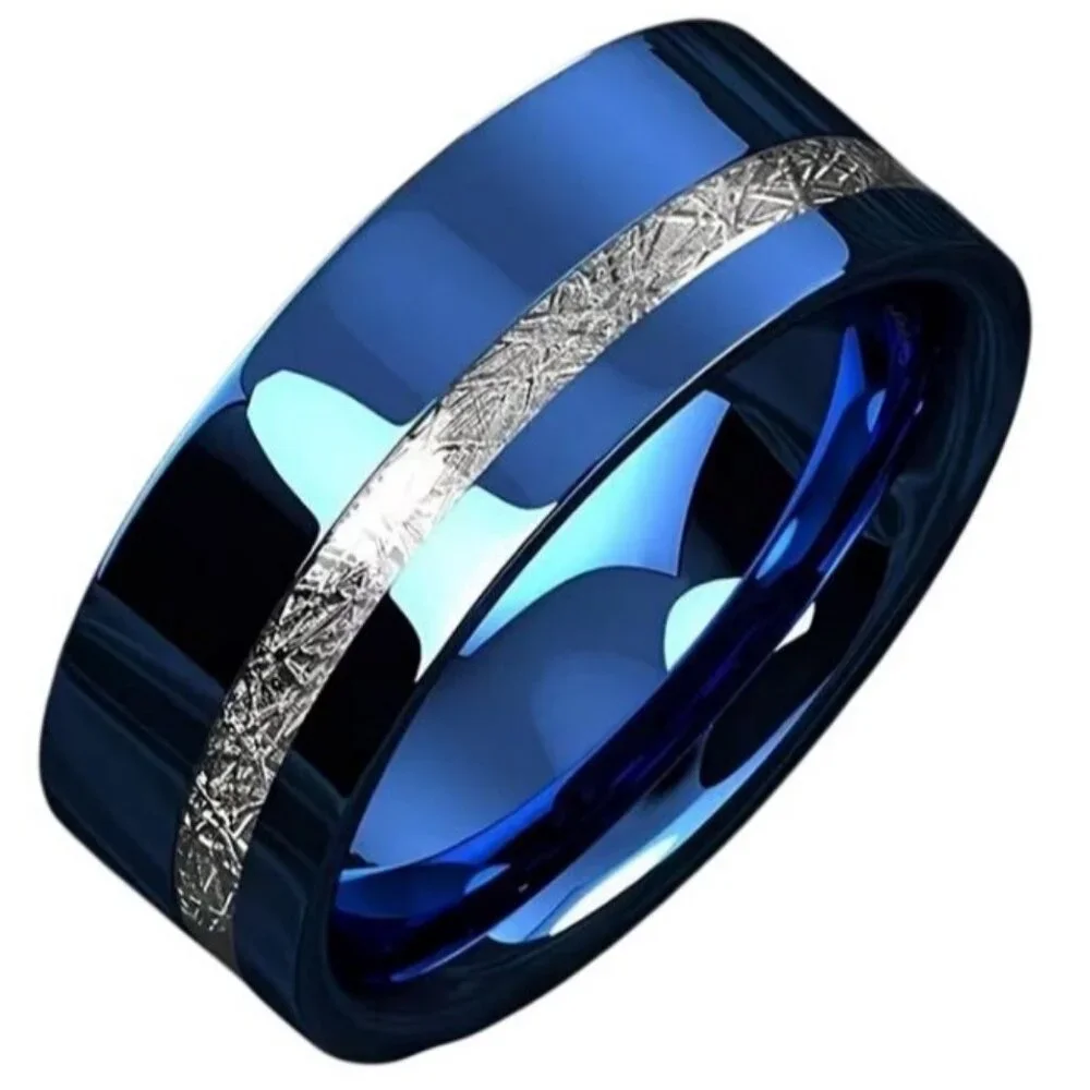 High Polished Blue Tungsten Carbide 8MM with simulated Silver Meteorite Inlay